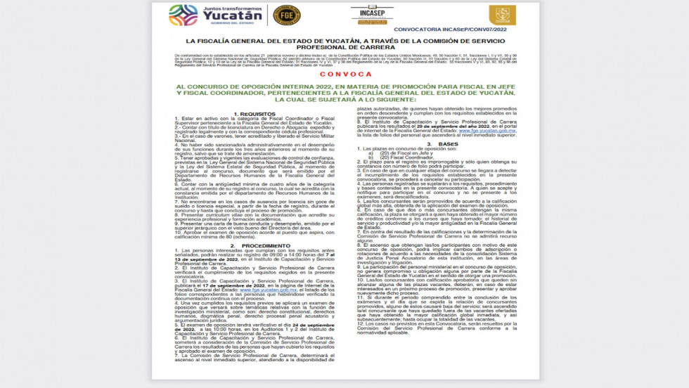 Concurso de oposición interna 2022, en materia de promoción para fiscal en jefe y fiscal coordinador, pertenecientes a la Fiscalía General del Estado de Yucatán