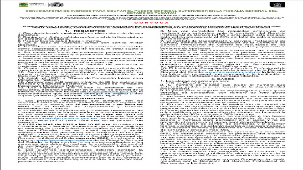 Convocatoria de ingreso para ocupar el puesto de Fiscal Supervisor en la Fiscalía General del Estado de Yucatán