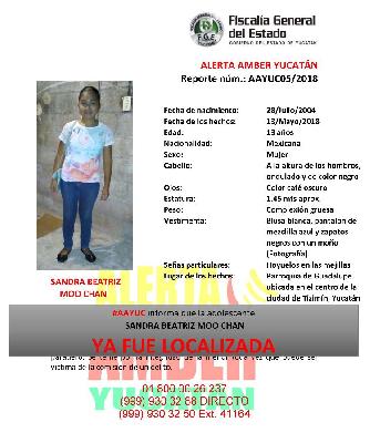La Fiscal&iacute;a General del Estado de Yucat&aacute;n informa que fue localizada en perfecto estado de salud